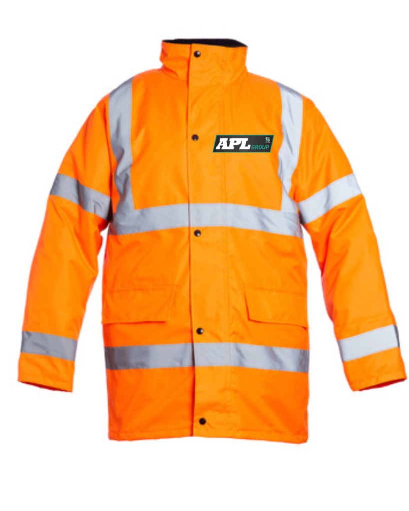 Orange Hi Vis Parka c/w printed logo’s to front & rear