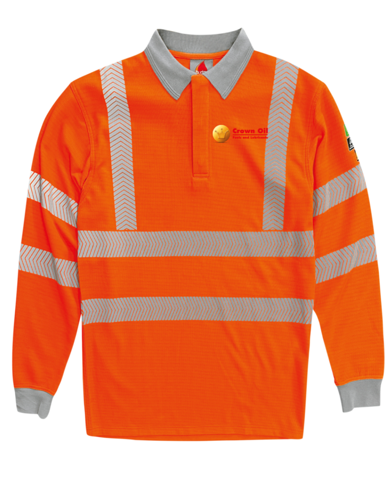 Orange Hi Vis FR long sleeve polo shirt c/w embroidery logo to front