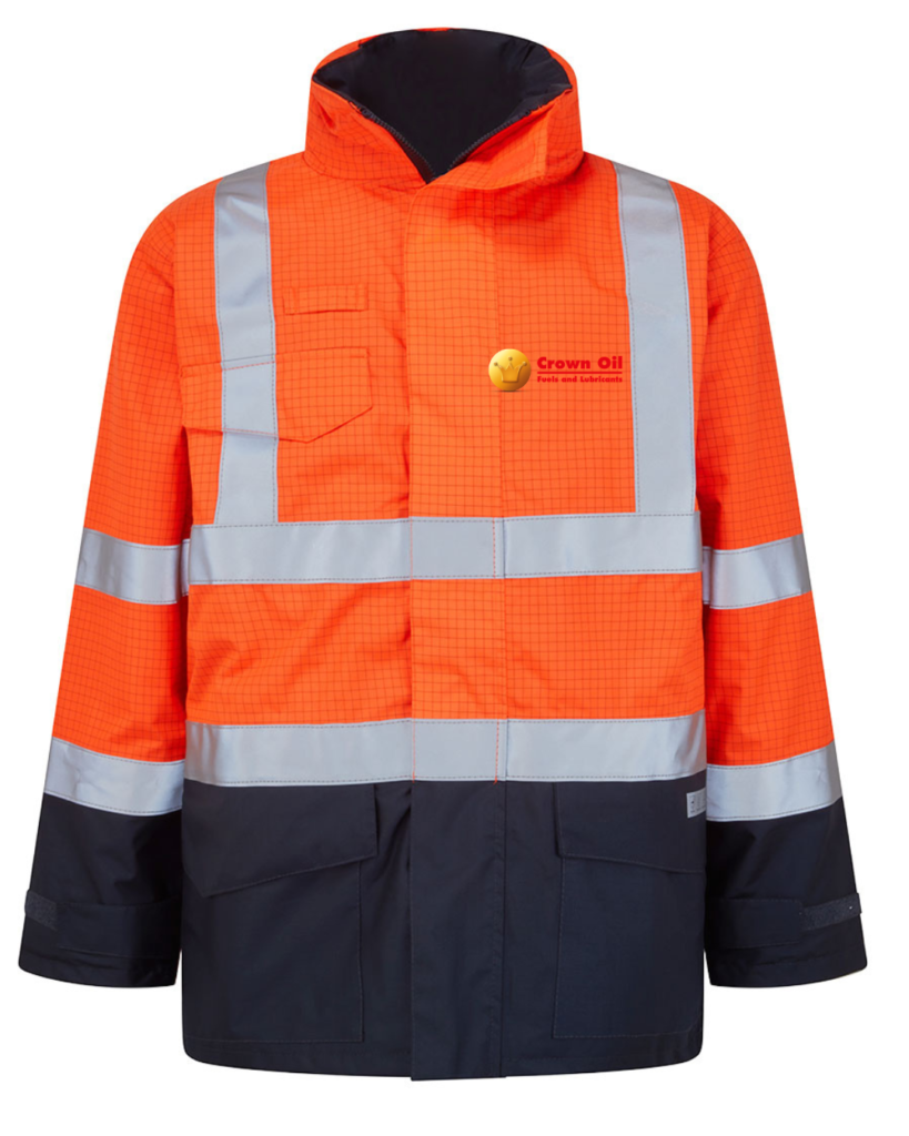 Orange Hi Vis FR parka jacket c/w embroidery logo to front