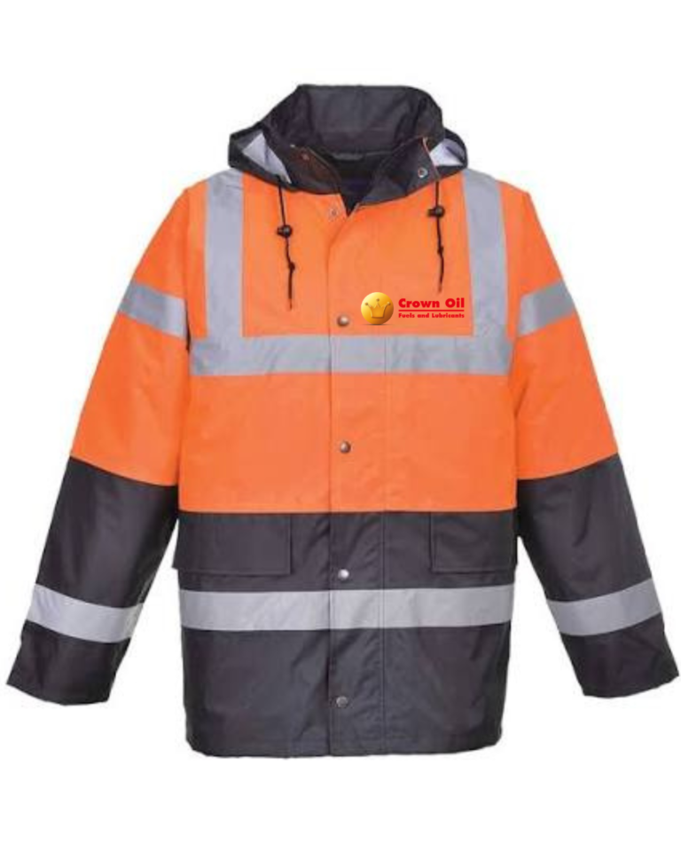 S467 Orange/Navy Hi Vis parka jacket c/w embroidery logo to front