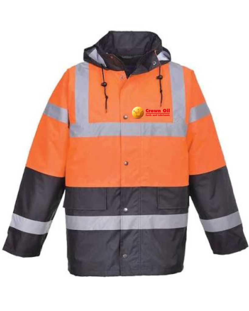 S467 Orange/Navy Hi Vis parka jacket c/w embroidery logo to front