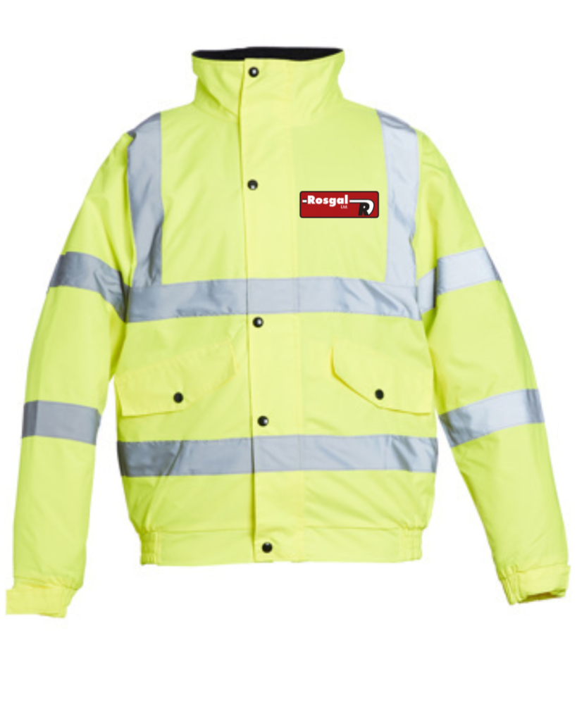 Yellow bomber – Yellow Hi Vis bomber jacket c/w printed logo’s to front & rear
